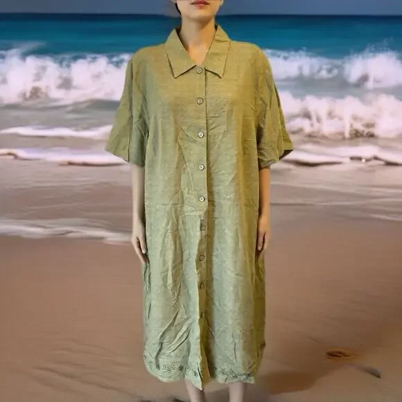 New WhiteStag Women 22W ShortSleeve LinenRayon Midi ShirtDress Green Button Up - Picture 9 of 9